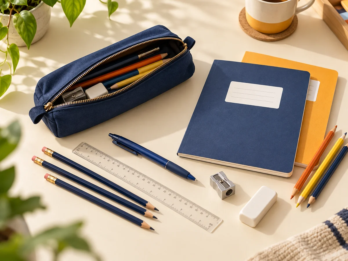 School essentials including notebooks, a pencil case, pencils, ruler and eraser