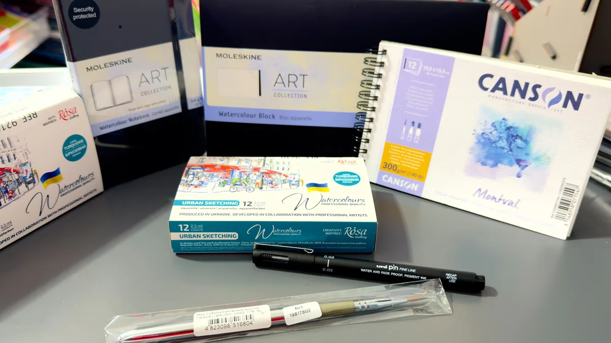 Moleskine and Canson watercolour pads with Rosa watercolours and drawing pens